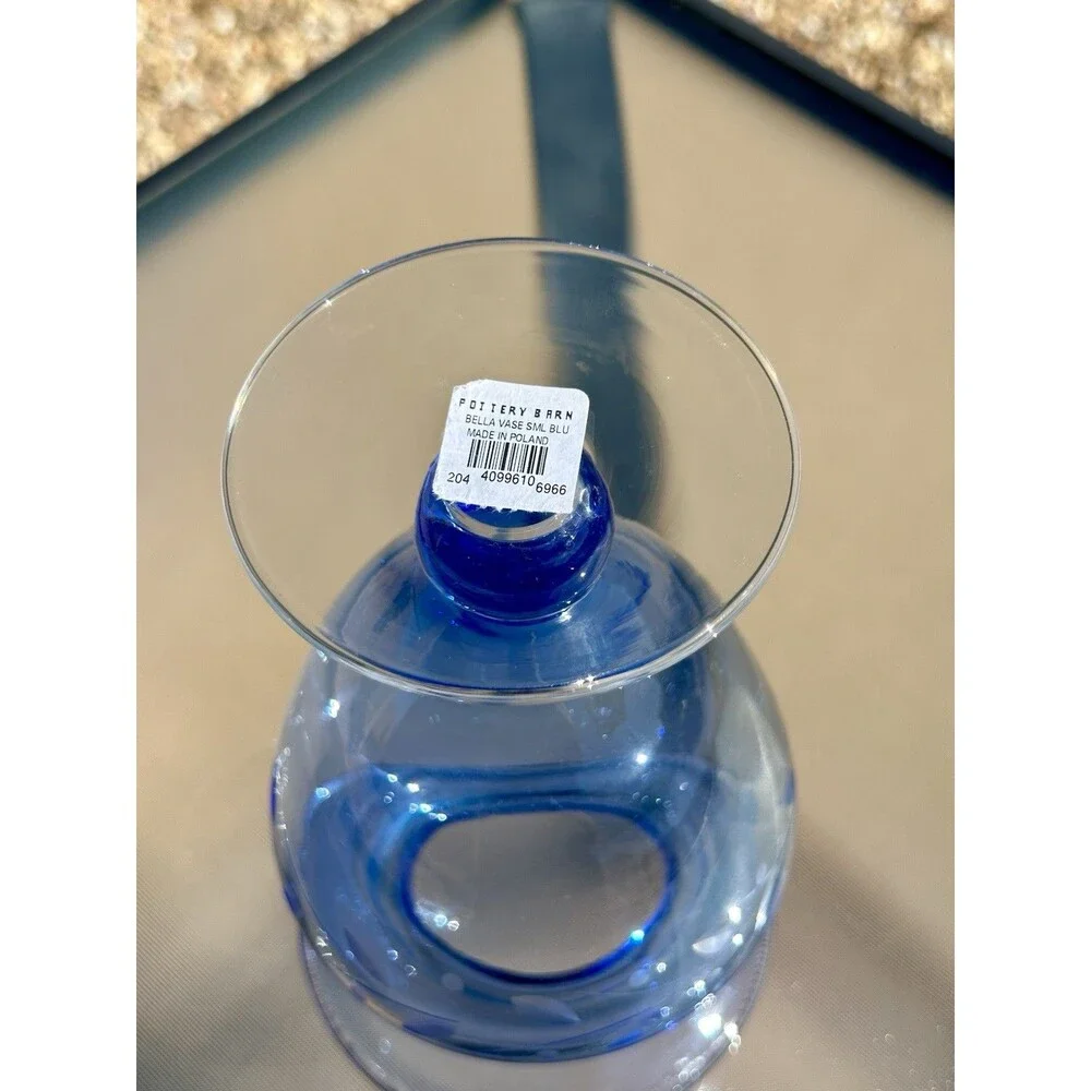 BELLA POTTERY BARN ETCHED Footed Blown Glass Vase w/ Ball Stem Blue 8